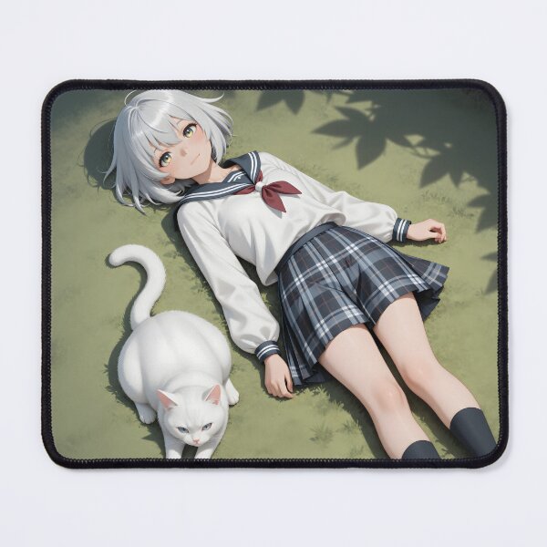 Item preview, White Hair Anime Girl with Cat Peaceful School Garden Aesthetic designed and sold by Killington.