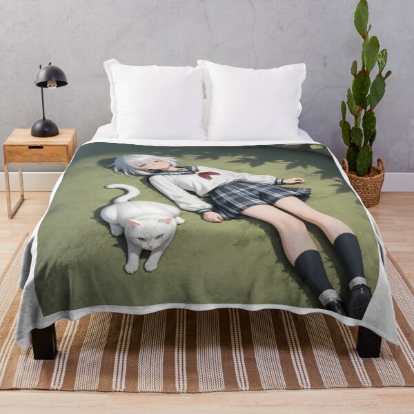 Item preview, White Hair Anime Girl with Cat Peaceful School Garden Aesthetic designed and sold by Killington.