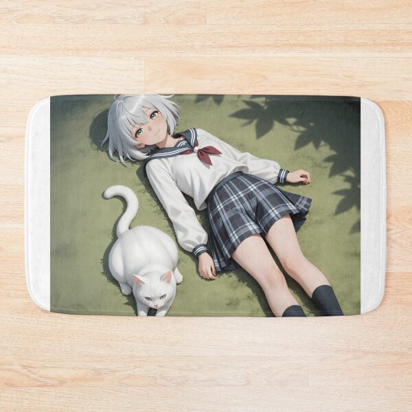 Item preview, White Hair Anime Girl with Cat Peaceful School Garden Aesthetic designed and sold by Killington.