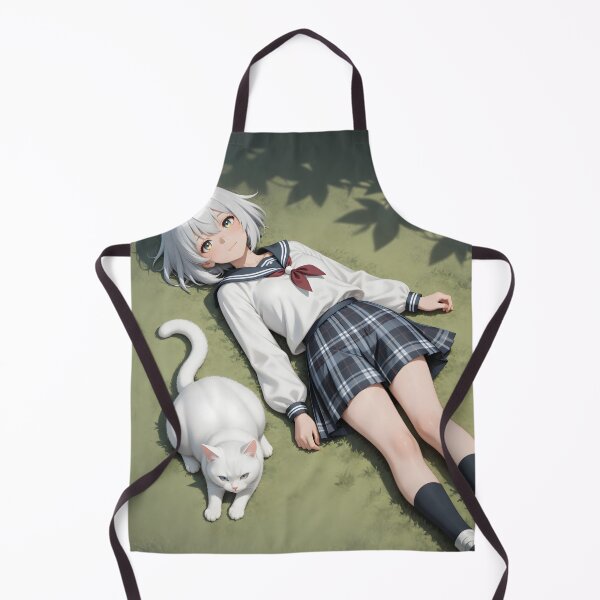 Item preview, White Hair Anime Girl with Cat Peaceful School Garden Aesthetic designed and sold by Killington.