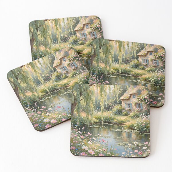 Item preview, Willow Pond Cottage - Thatched Roof Cottage With Wildflower Garden Painting designed and sold by Jozefin's Studio.