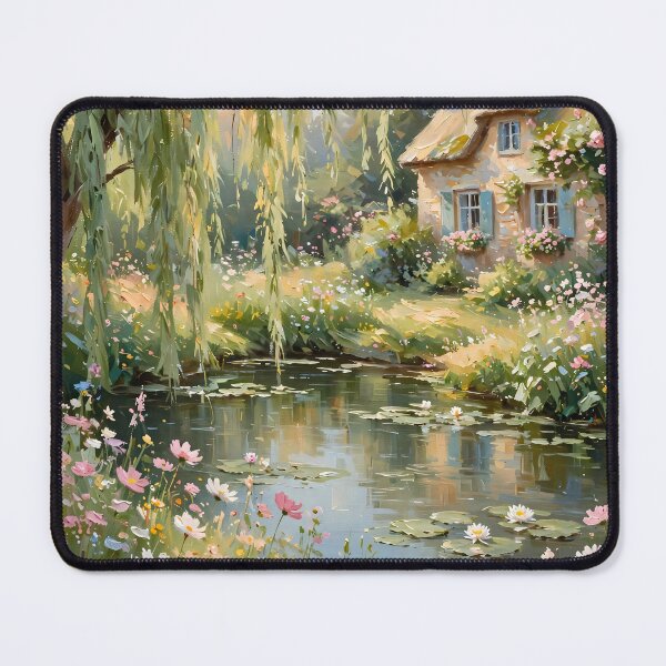 Item preview, Willow Pond Cottage - Thatched Roof Cottage With Wildflower Garden Painting designed and sold by Jozefin's Studio.