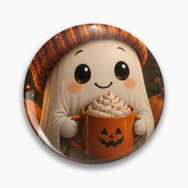 Item preview, Cozy Halloween Ghost Enjoying a Pumpkin Spice Drink in Autumn Woods designed and sold by Dreamy Armine Art.