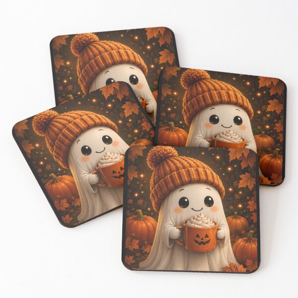 Item preview, Cozy Halloween Ghost Enjoying a Pumpkin Spice Drink in Autumn Woods designed and sold by Dreamy Armine Art.