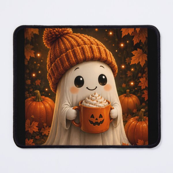 Item preview, Cozy Halloween Ghost Enjoying a Pumpkin Spice Drink in Autumn Woods designed and sold by Dreamy Armine Art.