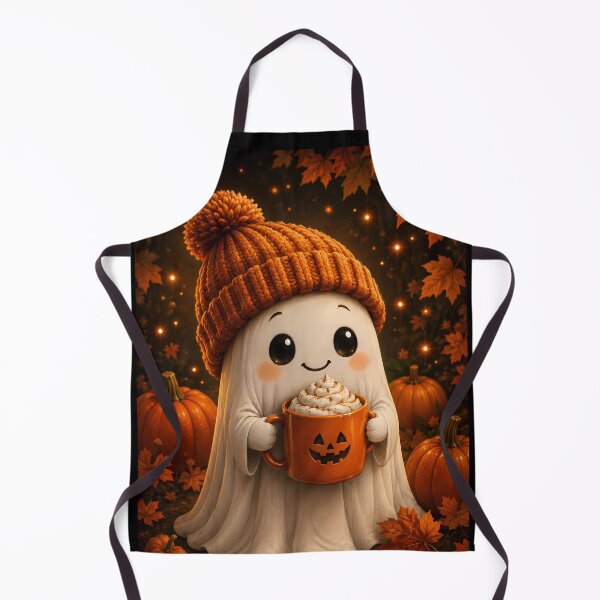 Item preview, Cozy Halloween Ghost Enjoying a Pumpkin Spice Drink in Autumn Woods designed and sold by Dreamy Armine Art.