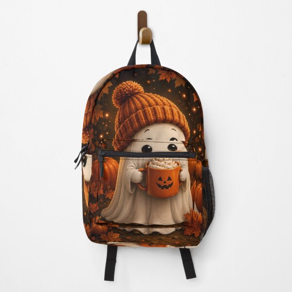 Item preview, Cozy Halloween Ghost Enjoying a Pumpkin Spice Drink in Autumn Woods designed and sold by Dreamy Armine Art.