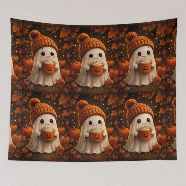 Item preview, Cozy Halloween Ghost Enjoying a Pumpkin Spice Drink in Autumn Woods designed and sold by Dreamy Armine Art.