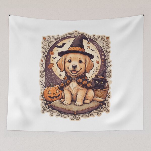 Item preview, Vintage Halloween design with witch puppy costume  designed and sold by VibranPalette.
