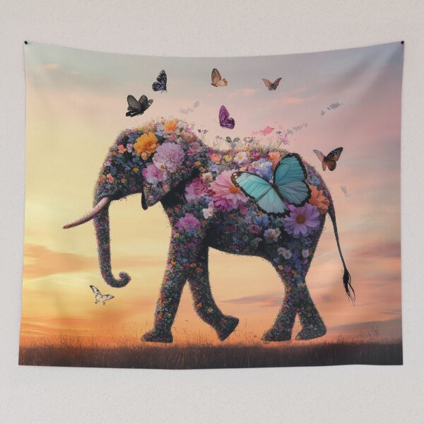 Item preview, Vintage Elephant Silhouette Made of Flowers and Butterflies  designed and sold by Soft Oddity.