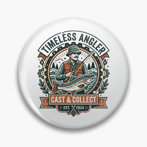 Aperçu de l'œuvre Insigne de pêche vintage Timeless Angler – Cast & Collect Retro Fisherman créée et vendue par cannsuh.