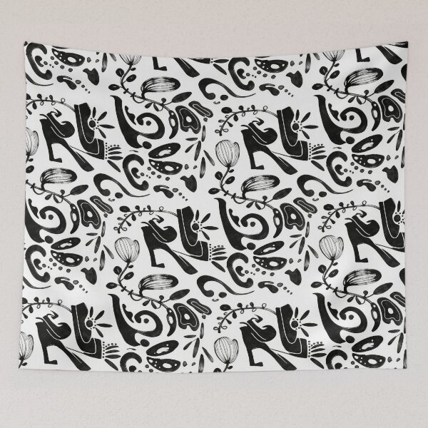 Item preview, Crisp White Whimsical Black Ink Abstract Folk Pattern designed and sold by wissal.studio.