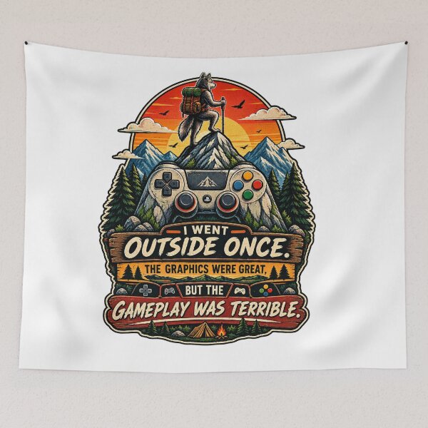 Item preview, I Went Outside Once – Funny Gamer Life Vintage Mountain Controller Design designed and sold by LuxeBuzz.