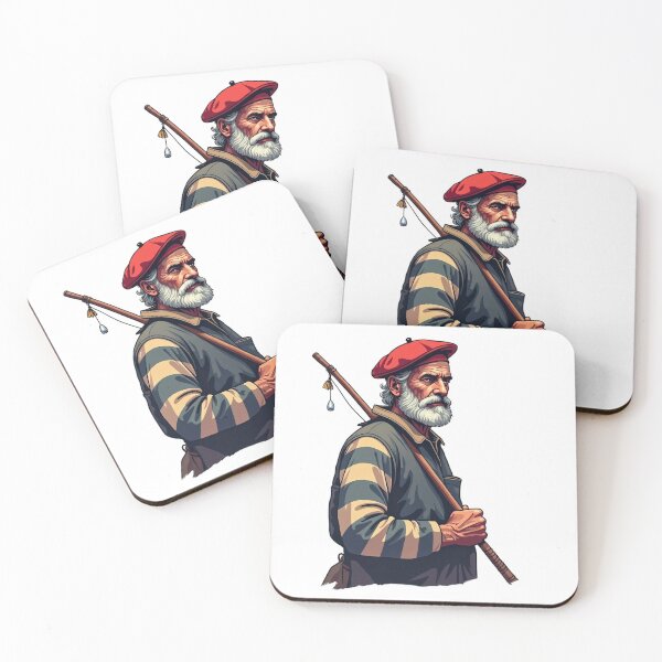 Item preview, Basque Fisherman – Old Arrantzale with Red Txapela and Fishing Rod designed and sold by DONOSTIADESIGN.