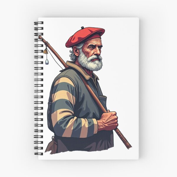Aperçu de l'œuvre Pêcheur Basque – Vieille Arrantzale avec Txapela Rouge et Canne à Pêche créée et vendue par DONOSTIADESIGN.