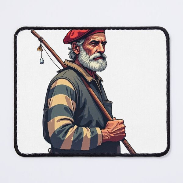 Item preview, Basque Fisherman – Old Arrantzale with Red Txapela and Fishing Rod designed and sold by DONOSTIADESIGN.