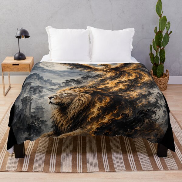 Item preview, Majestic Lion and Fire Phoenix – Black Gold Moonlit Mountain Art designed and sold by ManJiangHong.