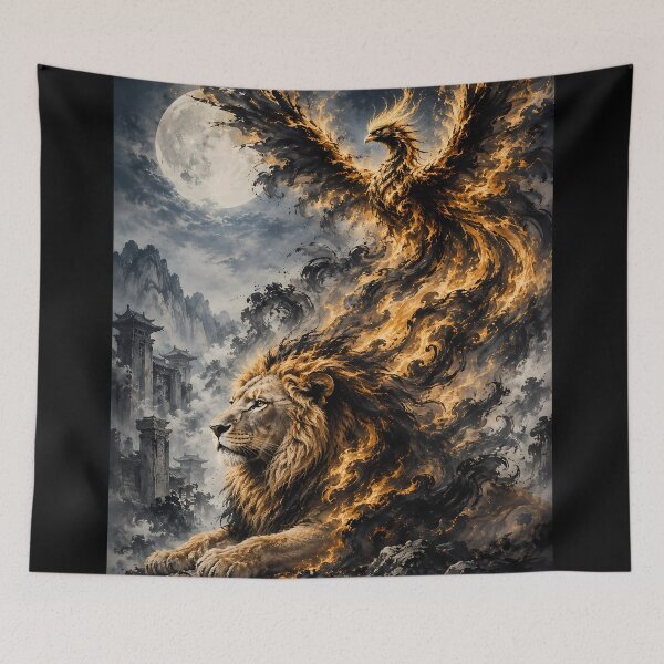 Item preview, Majestic Lion and Fire Phoenix – Black Gold Moonlit Mountain Art designed and sold by ManJiangHong.