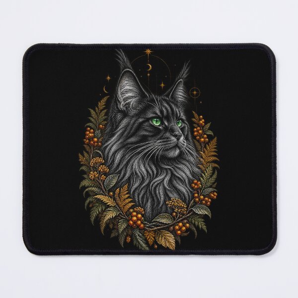 Item preview, Black Maine Coon Familiar with Emerald Eyes – Mystical Witchcore Botanical Art designed and sold by Anyshca.
