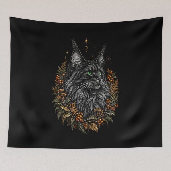 Item preview, Black Maine Coon Familiar with Emerald Eyes – Mystical Witchcore Botanical Art designed and sold by Anyshca.