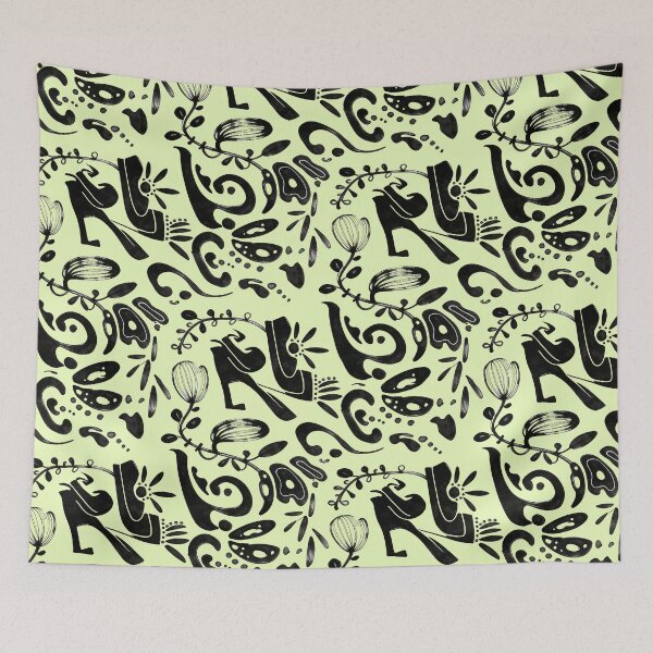 Item preview, Pastel Lemon Yellow Black Ink Folk Floral Pattern designed and sold by wissal.studio.