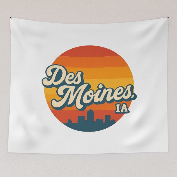 Item preview, Des Moines IA Iowa Retro Skyline Sunset Vintage Badge designed and sold by CityMerch4.