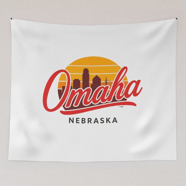 Item preview, Omaha Nebraska Retro Skyline Sunset Vintage Script Badge designed and sold by CityMerch4.
