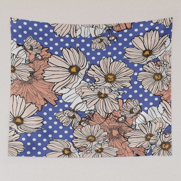 Item preview, Vintage Daisy Floral Pattern on Blue Polka Dot Background designed and sold by Johnnies.