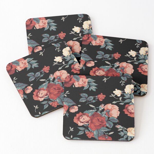 Item preview, Vintage Peach and Coral Roses Floral Pattern on Black Background designed and sold by Johnnies.