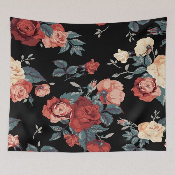 Item preview, Vintage Peach and Coral Roses Floral Pattern on Black Background designed and sold by Johnnies.