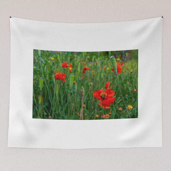 Item preview, Red Poppies And Wildflowers In A Lush Green Meadow With Seed Pods And Summer Bloom designed and sold by Nmallia.