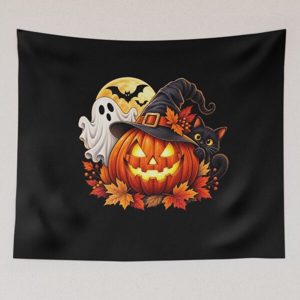 Item preview, Happy Halloween Pumpkin Ghost Black Cat designed and sold by Corvoria.