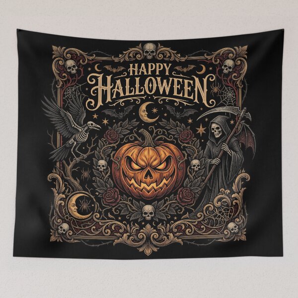 Item preview, Happy Halloween Gothic Ornate Jack O Lantern Grim Reaper Art designed and sold by DarkOriginArts.