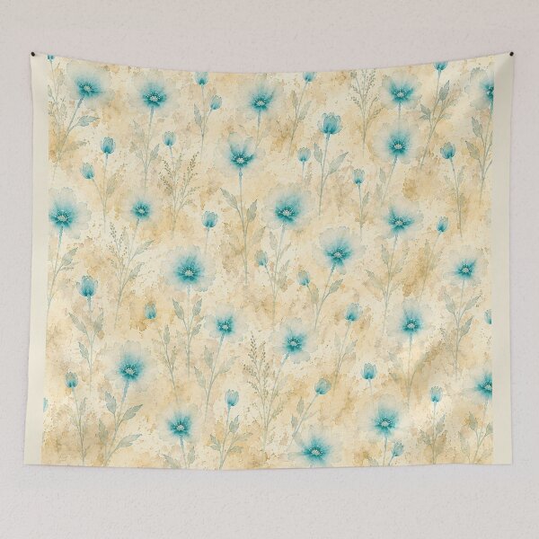 Item preview, Vintage tea stain botanical turquoise florals – Seamless Linen Repeat Pattern designed and sold by RescueHeart10.