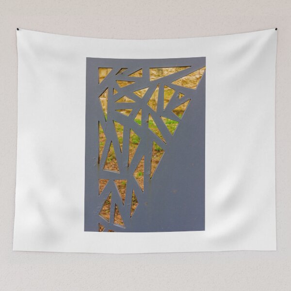Item preview, Decorative Metal Panel With Geometric Cutouts Over Garden Background, Modern Architectural Screen designed and sold by Nmallia.