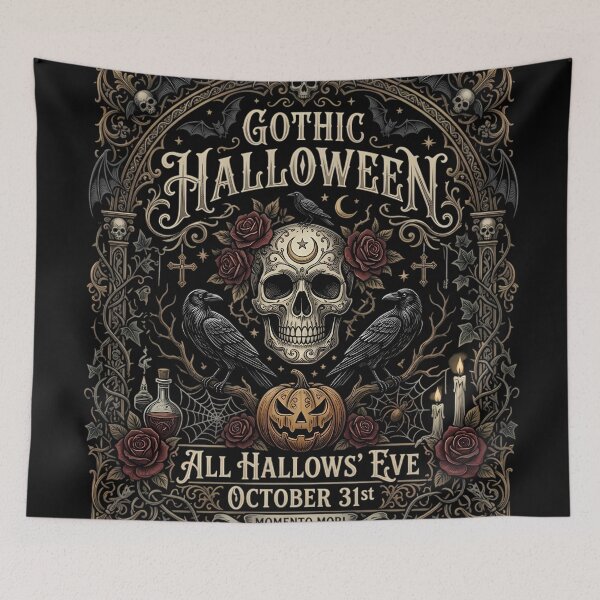Item preview, Gothic Halloween Skull Ravens Memento Mori Ornate Print designed and sold by DarkOriginArts.