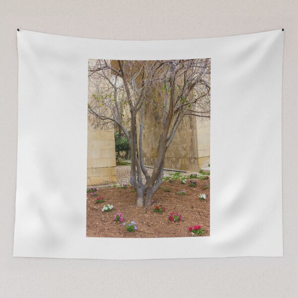 Item preview, Leafless Garden Tree With Colorful Pansies In A Stone Courtyard Beside Historic Wall designed and sold by Nmallia.