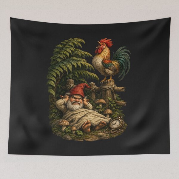 Item preview, Too Early for Crowing – Funny Forest Gnome Illustration designed and sold by Alpine-Ink.