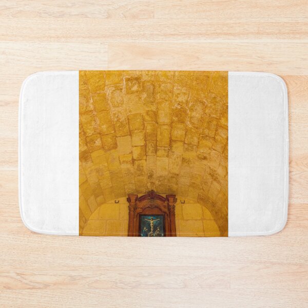 Item preview, Stone Vaulted Chapel Interior With Wooden Altar And Crucifix Painting Under Warm Light designed and sold by Nmallia.