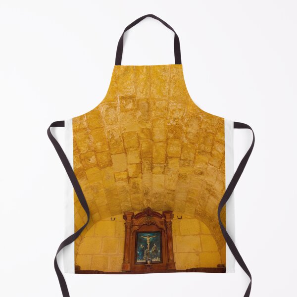 Item preview, Stone Vaulted Chapel Interior With Wooden Altar And Crucifix Painting Under Warm Light designed and sold by Nmallia.