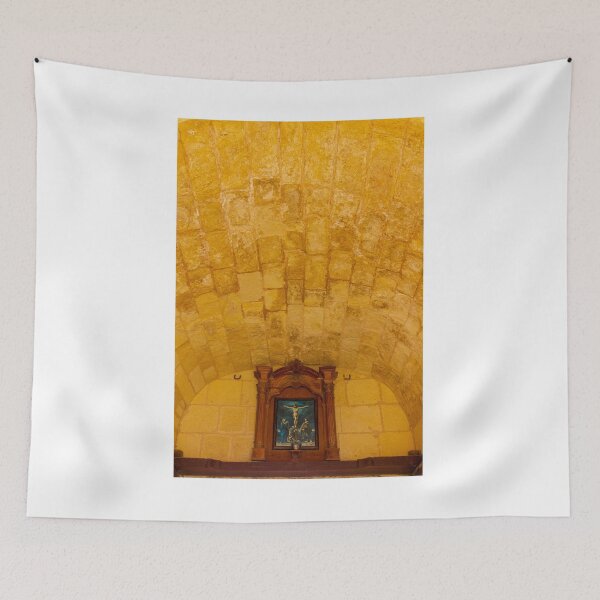 Item preview, Stone Vaulted Chapel Interior With Wooden Altar And Crucifix Painting Under Warm Light designed and sold by Nmallia.