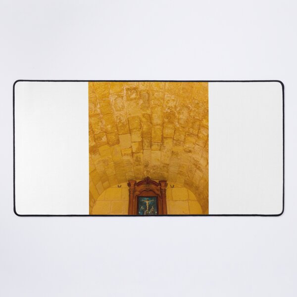 Item preview, Stone Vaulted Chapel Interior With Wooden Altar And Crucifix Painting Under Warm Light designed and sold by Nmallia.