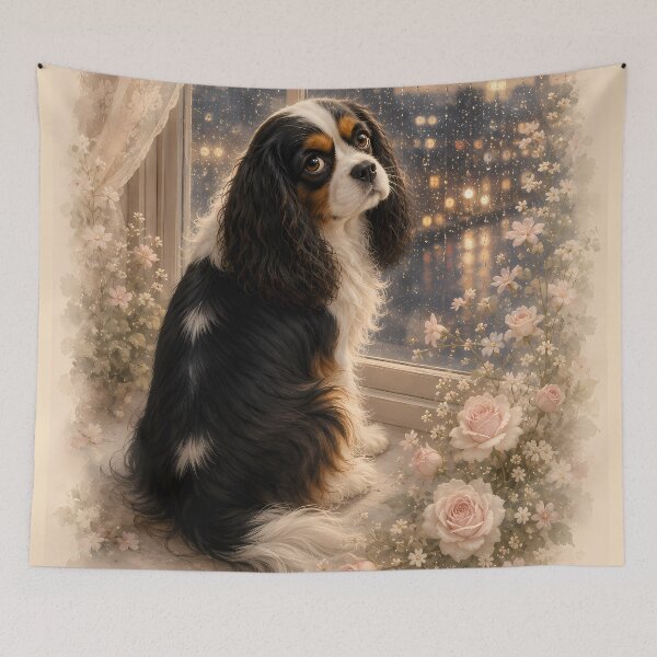Item preview, Cavalier King Charles Spaniel by the Window with Roses designed and sold by ManJiangHong.