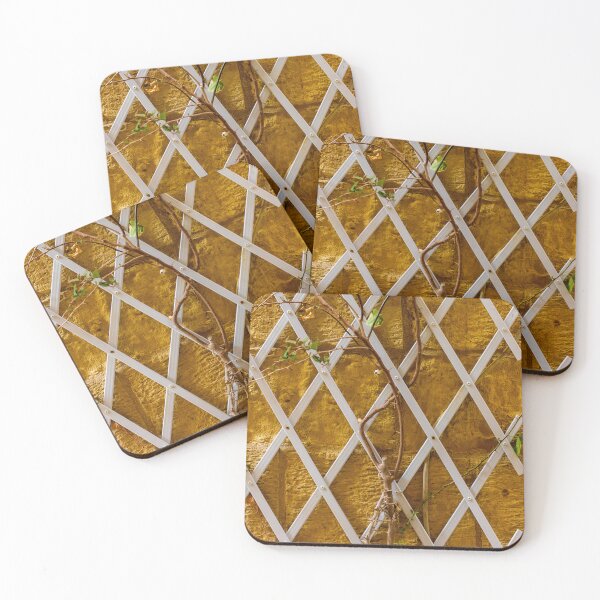 Item preview, Climbing Vine on White Trellis Against Textured Yellow Brick Wall Rustic Garden Background designed and sold by Nmallia.
