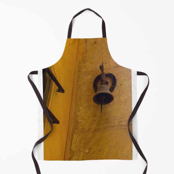 Item preview, Rustic Door Bell and Horseshoe Mounted on Sunlit Yellow Stone Wall in Mediterranean Alley designed and sold by Nmallia.
