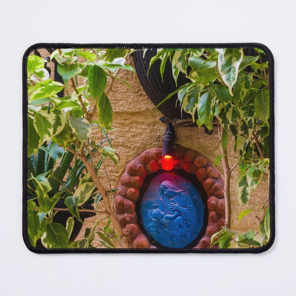 Item preview, Blue Religious Wall Medallion With Red Light Nestled Among Green Garden Foliage On Stone designed and sold by Nmallia.