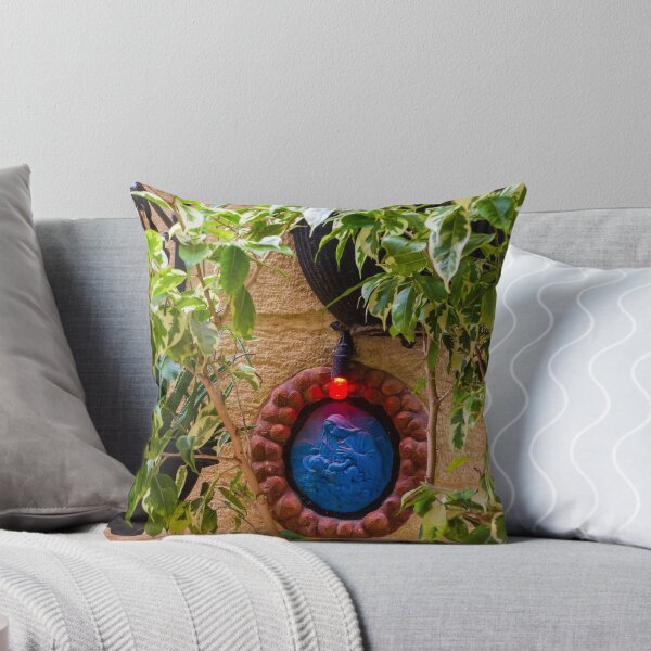 Item preview, Blue Religious Wall Medallion With Red Light Nestled Among Green Garden Foliage On Stone designed and sold by Nmallia.