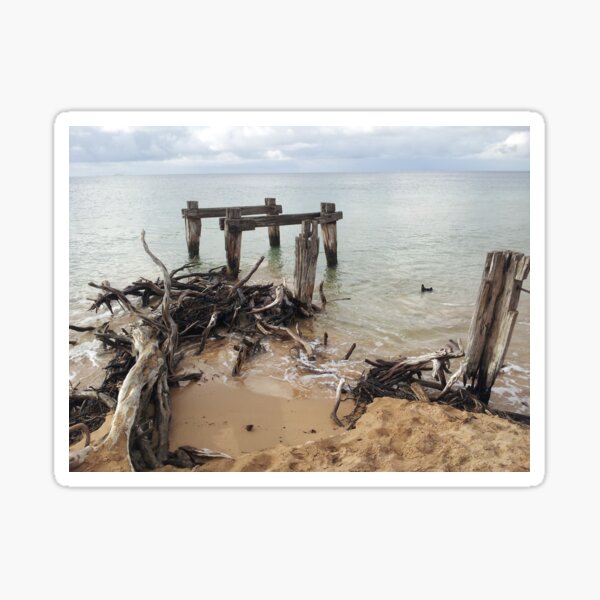 Old pier, driftwood, ocean at Point Nepean, Victoria, Australia Sticker