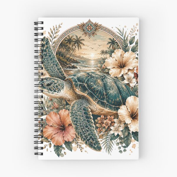 Item preview, Tropical Sea Turtle with Hibiscus Flowers – Vintage Coastal Ocean Wildlife Art with Hawaiian Beach Sunset and Botanical Island Paradise Design designed and sold by Gold Turtle  Lina.