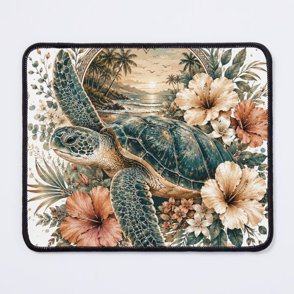 Item preview, Tropical Sea Turtle with Hibiscus Flowers – Vintage Coastal Ocean Wildlife Art with Hawaiian Beach Sunset and Botanical Island Paradise Design designed and sold by Gold Turtle Lina.
